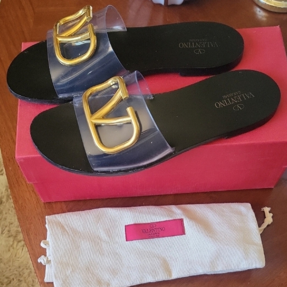 Valentino Black and Gold Slide Sandals